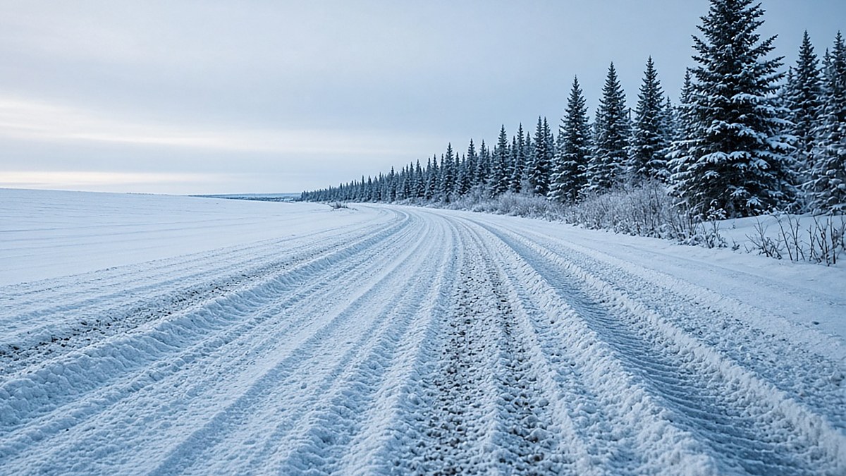 A snow-packed gravel road with tire tracks running past a row of spruce trees
