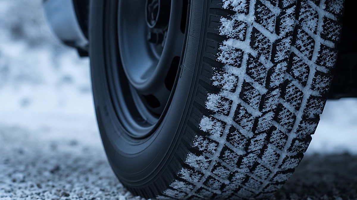 Close-up of a winter tire's deep tread on a snow-covered road